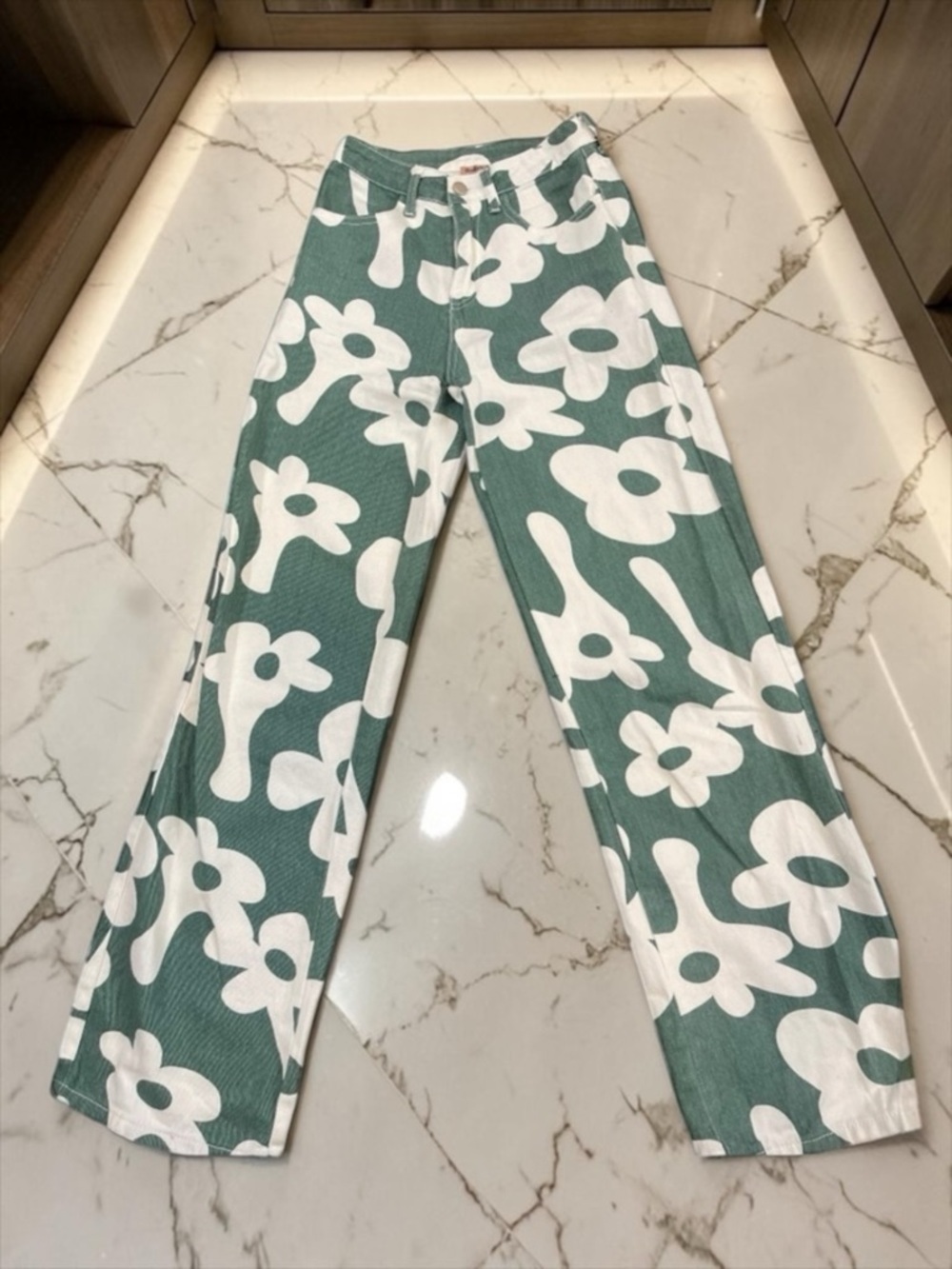 Bailey Rose Green White Flower Power Wide Leg High Waist Jeans Women's size XS‌